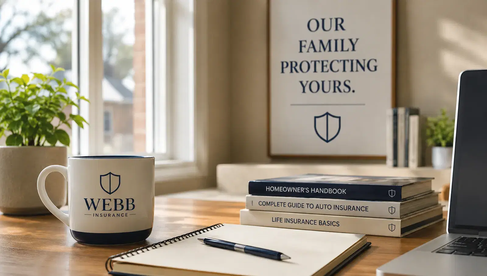 A Webb Insurance mug, notebook, and stack of insurance guides on a desk