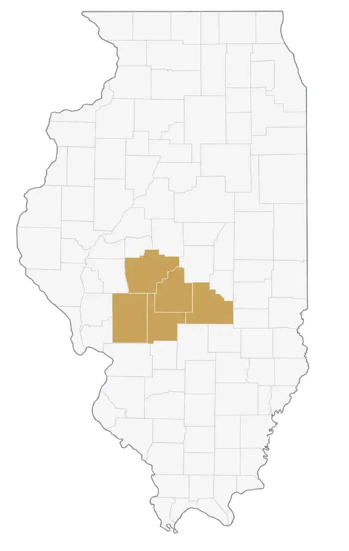 Map highlighting the Central Illinois counties Webb Insurance serves