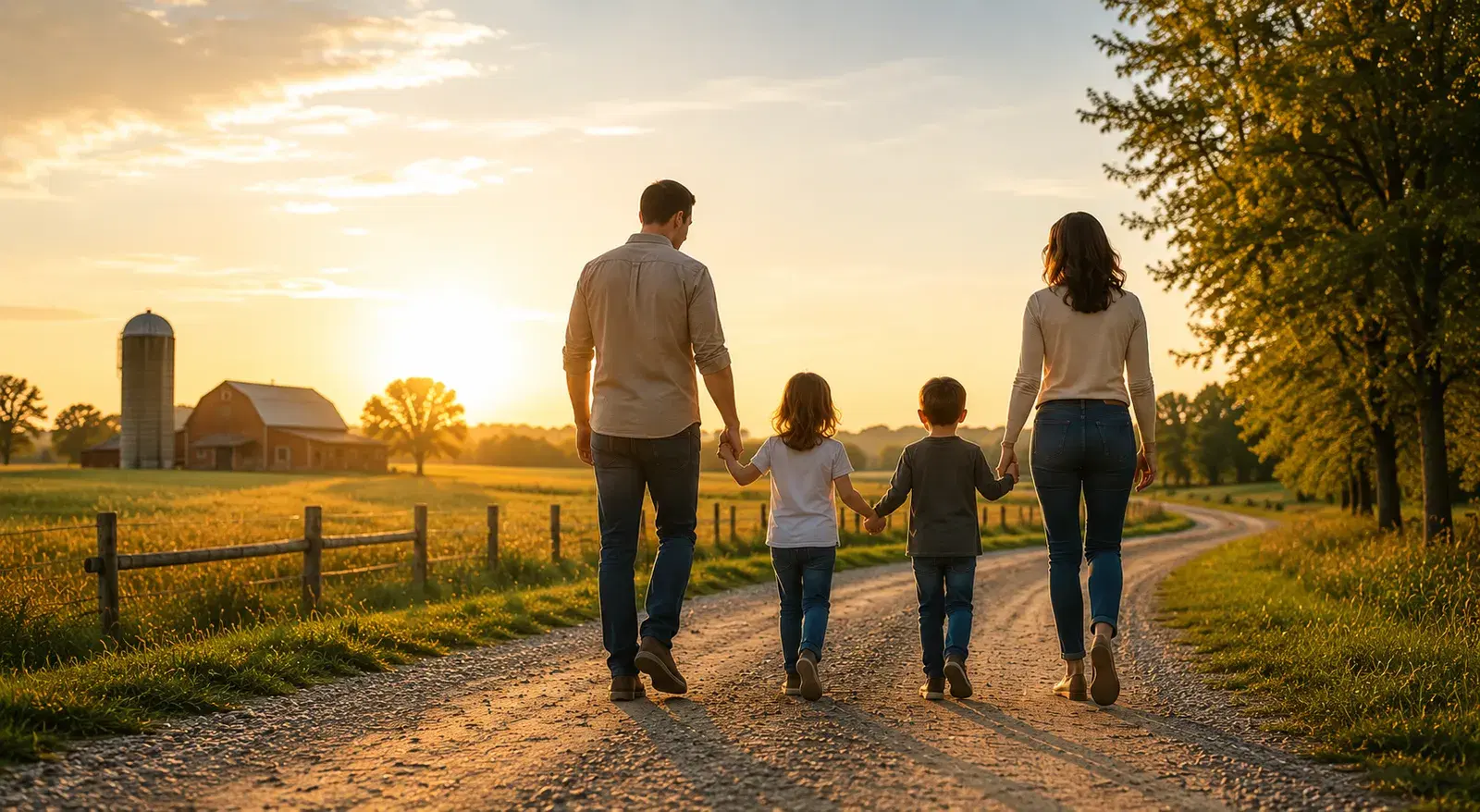 A family holding hands and walking down a rural road at sunset